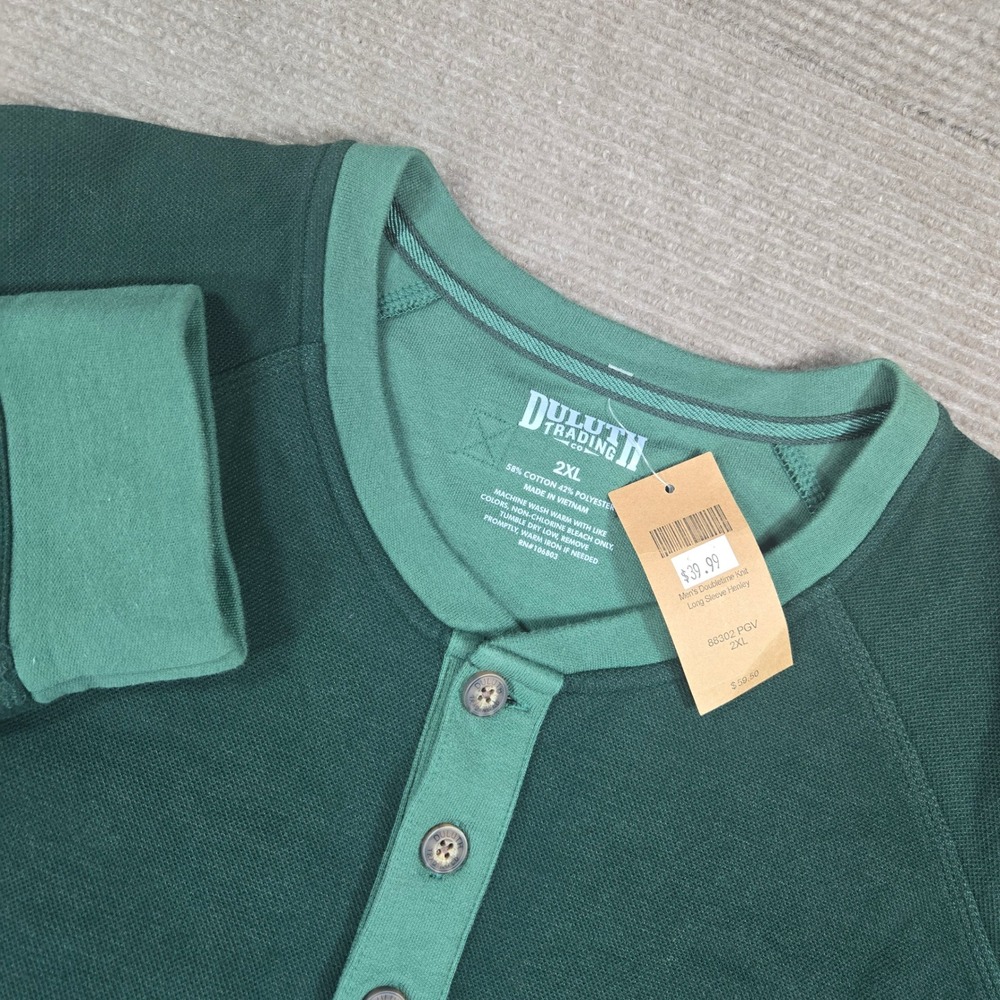 Duluth Trading Co Mens 2XL Green Doubletime Knit Long Sleeve Henley 88302 PGV